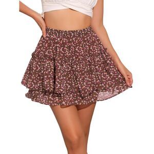 Floral Tiered Ruffle Cute Summer Flowy Chiffon Mini Skirt Wine Red